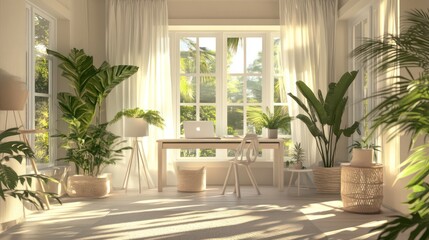 Poster - Sunlit home office with abundant tropical plants, laptop, and minimalist decor.