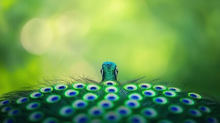 Wall Mural -   Close-up of a peacock's feathers with trees and grass in the blurred background