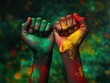 © Olga - Juneteenth Emancipation Day. Black Lives Matter African Colors Rasta Fist raise up in red, green, yellow colors. Black History Month Background