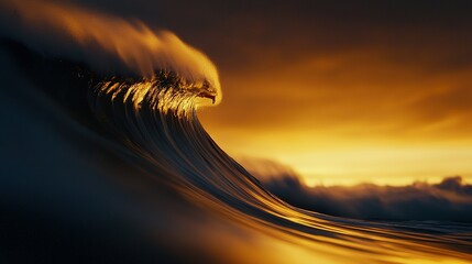 Wall Mural -   An oceanic wave towers over a seabird perched upon its crest during sunset