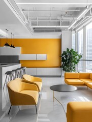 Wall Mural - Airy Minimalist Corporate Office Interior Design - Modern office, yellow accents, minimalist furniture, spacious layout, natural light.  Clean design, bright and productive workspace.