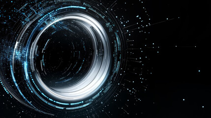 Wall Mural - abstract digital art blue and silver tech circle camera lens on dark background with copy space. sci