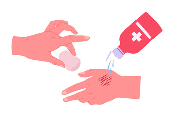 Wall Mural - first aid for scratched human hand. injured hand, damaged body skin, medical treatment for skin inju