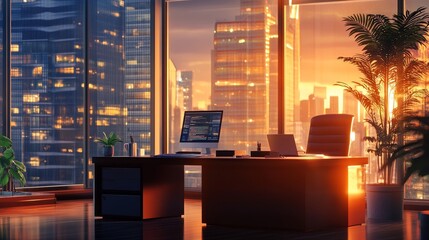 Wall Mural - Serene Sunrise Office with City View - Calm morning, urban skyline, modern office, desk, sunrise, tranquility.