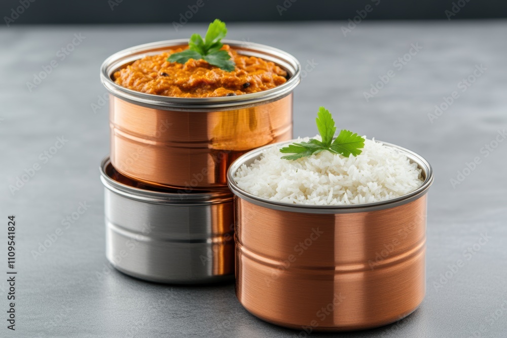 ethnic kitchen decor, copper buttons and tiffin boxes filled with ...