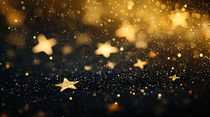 Wall Mural - stylish gold and black holiday theme with sparkling stars and text merry christmas in the image