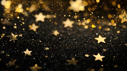 Wall Mural - stylish gold and black holiday theme with sparkling stars and text merry christmas in the image