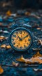 © QITIAN - Vintage alarm clock surrounded by autumn leaves on a rustic background.