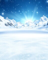 Poster - Scenic winter landscape with snow-covered mountains and starry sky.