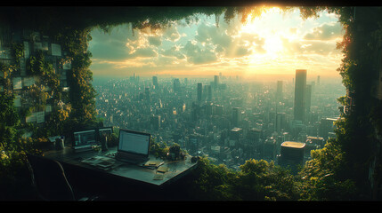 Wall Mural - city skyline with an overgrown office overlooking a vibrant sunset and urban landscape. generative a