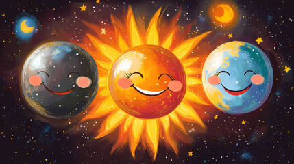 An illustration of a solar eclipse diagram depicting the sun, earth, and moon with smiling faces. astronomy for children. Eclipse. Illustration