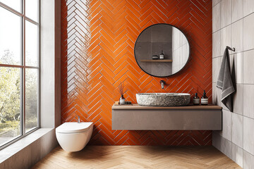 Poster - A contemporary bathroom showcases orange herringbone tiles, a stone sink, and a round mirror with natural light entering through large windows