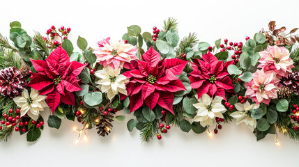 Poster - A vibrant holiday display features red and white poinsettias intermingled with greenery and pinecones, illuminated by soft twinkling lights for decoration