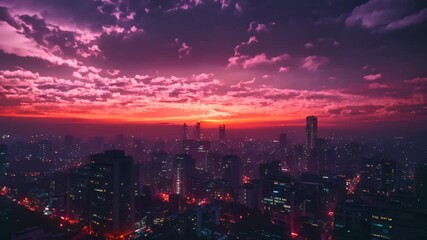 Poster - Purple Sky Over Cityscape With Skyscrapers at Sunset