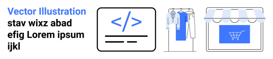 icon of code screen, clothing rack, and online store interface. ideal for e-commerce, coding tutoria