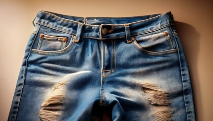 Close-up of distressed denim jeans, showcasing the faded blue color and worn details.