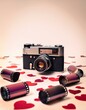 © swan - Vintage camera surrounded by film rolls and red hearts.