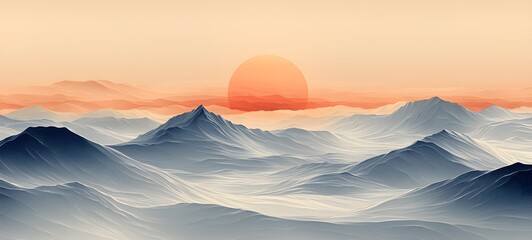 Wall Mural - serene sunrise over blue and orange abstract mountain ridges, featuring soft atmospheric gradients