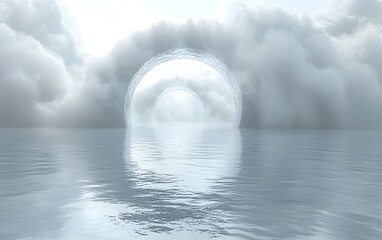 Wall Mural - misty water landscape with ethereal circular arches rising from the surface, surrounded by dramatic 