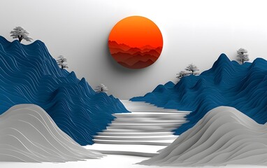 Wall Mural - layered paper-cut mountain design in blue and gray with a vibrant orange sun centerpiece, minimalist