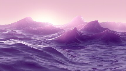 Wall Mural - Purple mountainous waves rendered in a surreal style, blending seamlessly with a soft pink gradient sky at sunrise