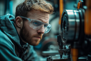 Poster - Skilled CNC machine operator focuses intently on precision work at workshop