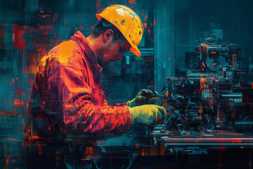Poster - Creative mechanic working diligently on complex machinery in a vivid workshop