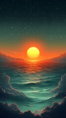 Wall Mural - cotton candy-like pink and blue clouds resting on soft teal waves with a pastel gradient background 