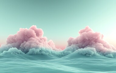 Wall Mural - gentle ocean waves in vibrant teal under a glowing orange and yellow sunset with subtle cloud patter