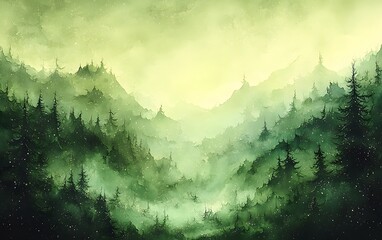 Wall Mural - Misty forested hills layered in soft shades of green with scattered evergreens and glowing sunlight breaking through the fog