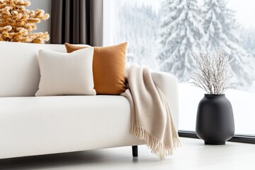 Wall Mural - winter wonderland decor, sophisticated christmas decor with a snowy view through a large window, centered around a white sofa with cozy neutral blankets and pillows