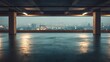 © Irina Sharnina - Empty garage with wet concrete floor and view of cityscape blurred by evening lights. Atmospheric urban scene, modern architecture, car background