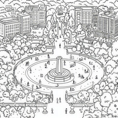 Wall Mural - A bustling city park with joggers and picnickers, coloring page for kids, simple outline illustration. Coloring book, simple lines.