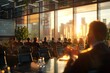 © S photographer - A corporate meeting at sunset in a modern office with city skyline views.