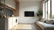 © sota - Minimalist, japani style interior design of modern living room With TV . Boucle sofa and accent armchair against beige wall with frame.