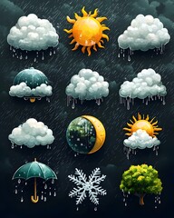 a colorful illustrated weather icon set featuring a sun, clouds, rain, and an umbrella. the design c