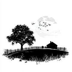 Poster - Farm House Silhouette, Black And White Illustration Isolated On White Background