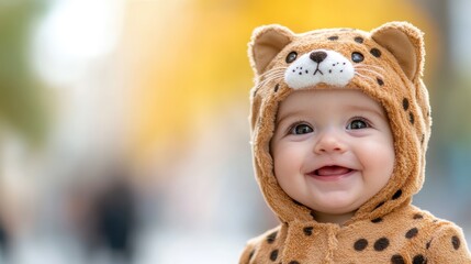 An adorable baby dressed in a leopard-themed costume, showcasing a joyful expression while being photographed outdoors, symbolizing happiness and adventurous spirit.