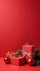 Wall Mural - A festive Christmas scene featuring beautifully wrapped gifts and ornaments on a vibrant red backdrop evokes joy and holiday cheer._00001_