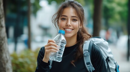 A smiling woman in hiking gear holds a water bottle on a forested urban path, encapsulating adventure, energy, and love for nature in bustling city life.