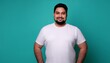 © Anomal - joyful young hispanic plus size body positive male man boy guy 30s in white blank design casual t-shirt posing color background studio portrait