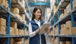 © vadosloginov - Focused female developer using a tablet in a warehouse filled with storage boxes during daylight hours
