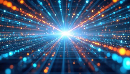 Fototapete - Digital art depicting a vibrant virtual data network with glowing lines expanding in multiple directions