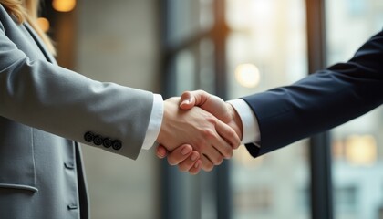 Aufkleber - Close up of two business professionals shaking hands in an office setting during a meeting in a modern urban environment