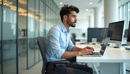 Fototapete - Young Latino man working diligently at a modern office desk using a laptop during daytime hours