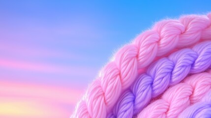 Wall Mural - pastel yarn close-up against soft sunset sky background