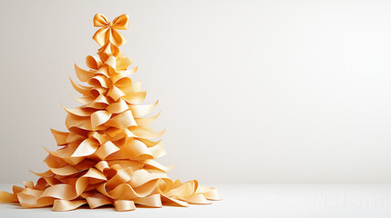 Wall Mural - A minimalist Christmas tree made of elegant golden ribbons, topped with a bow, set against a plain white background