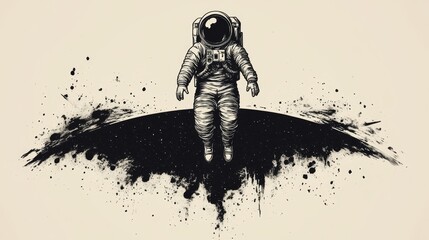 Wall Mural - An astronaut floats above a stylized horizon line of Earth, surrounded by abstract black ink splashes