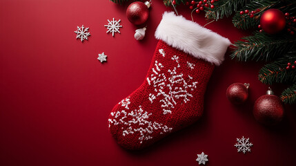 Wall Mural - A red Christmas stocking with white snowflake patterns, surrounded by ornaments, snowflakes, and pine branches on a red background