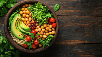 Sticker - Top view of a vibrant vegan Buddha bowl featuring quinoa, chickpeas, avocado, cherry tomatoes, and fresh greens in a wooden bowl